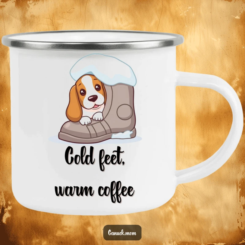 Funny Basset Hound camping mug showing a curious peek from behind a giant snowshoe, ideal for winter camping and cozy drinks.