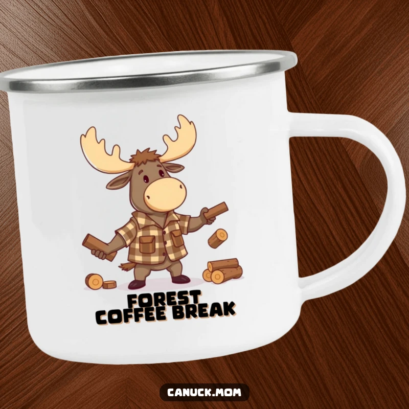 Funny Moose Lumberjack Camping Mug, a durable enamel mug with a cartoon moose in lumberjack gear juggling logs, ready for adventure.