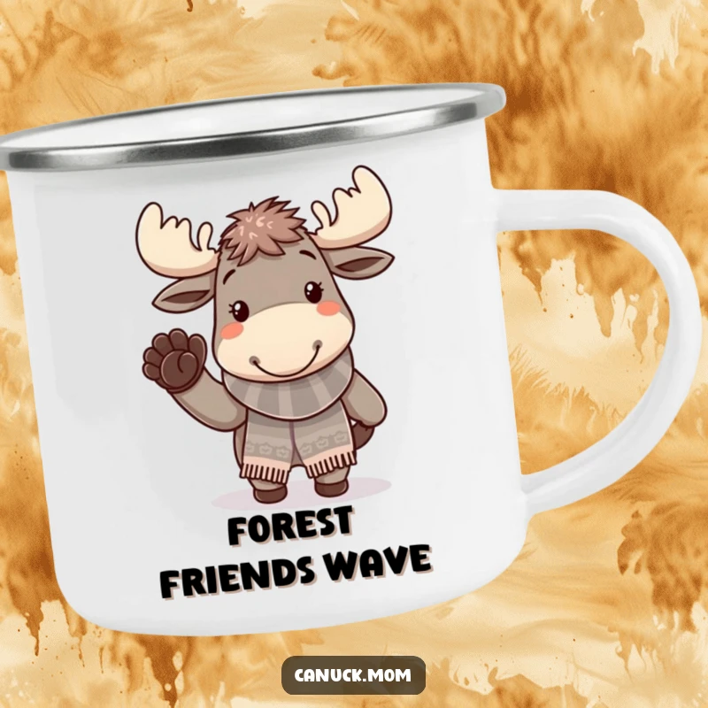 Funny moose wearing a knitted scarf and waving, on a durable camping mug.