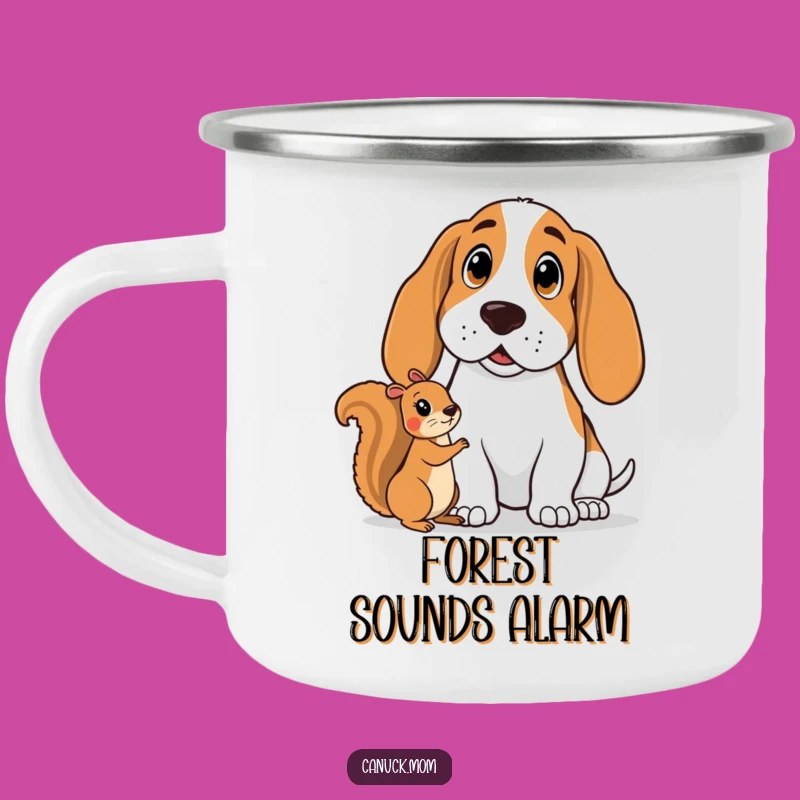 Funny Basset Hound Surprise Camping Mug - German Shepherd Watching Squirrel, Outdoor Funny Gift