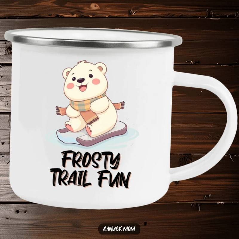 Durable camping mug with a funny kawaii polar bear in a scarf, sliding on ice, for outdoor fun.
