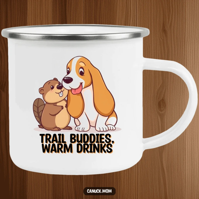 Funny Basset Hound and Beaver Camping Mug: A Basset Hound and a Beaver share a playful glance, ready for any outdoor escapade.