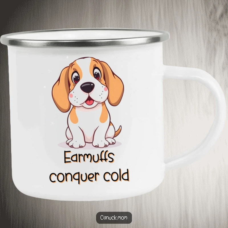 Funny camping mug with a Basset Hound wearing earmuffs, looking amused by snowflakes, perfect for outdoor use.