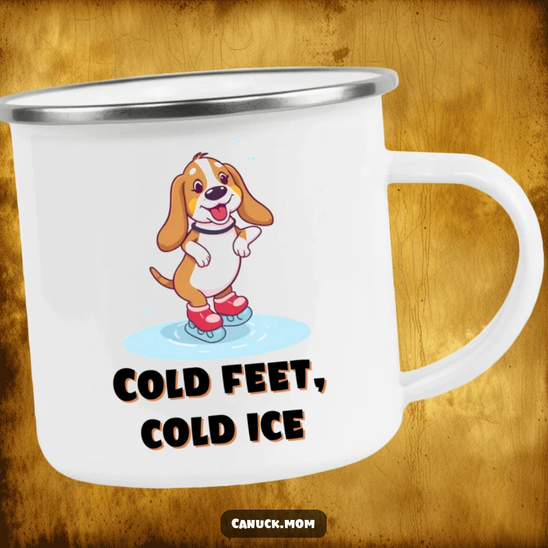 Funny Basset Hound Camping Mug showing a dog wobbling on ice skates, ideal for outdoor enjoyment and laughs.
