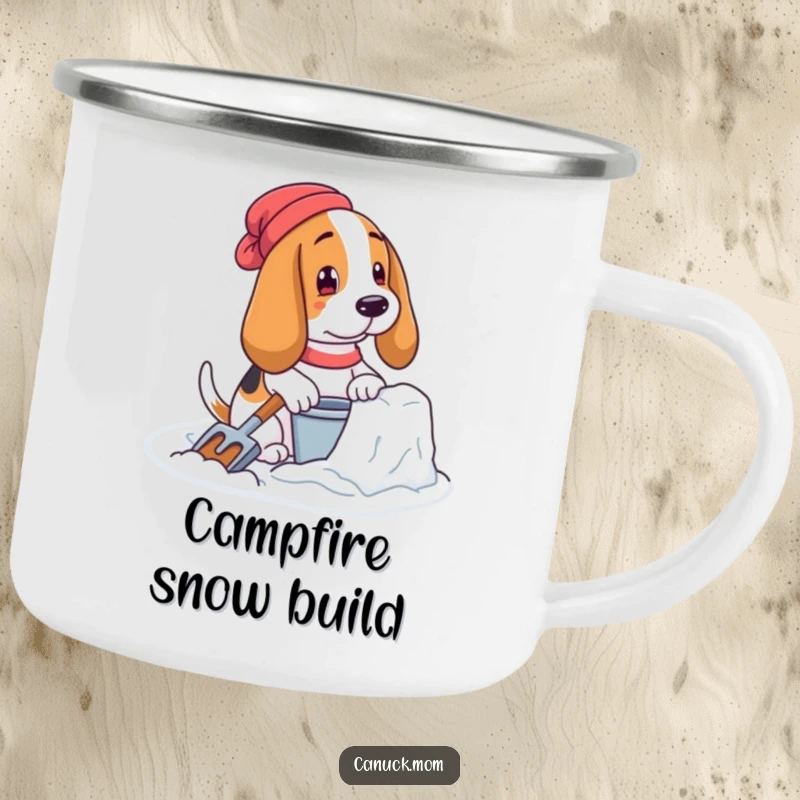 Funny Basset Hound Camping Mug: A dog builds a snow fort with pail and shovel, ready for the cold.