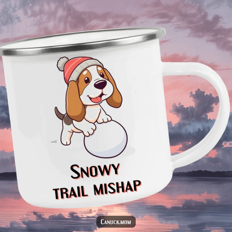 Funny Basset Hound Camping Mug: A dog tripping over a snowball, ready for winter expeditions.