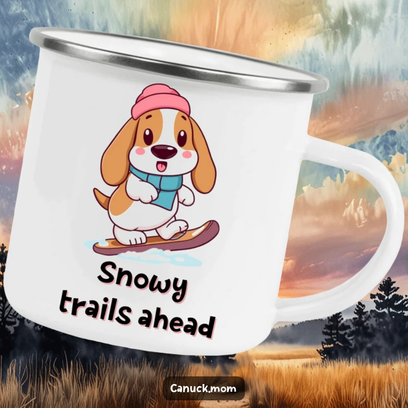 Durable camping mug featuring a funny Basset Hound carefully stepping with a snowshoe, designed for winter fun.