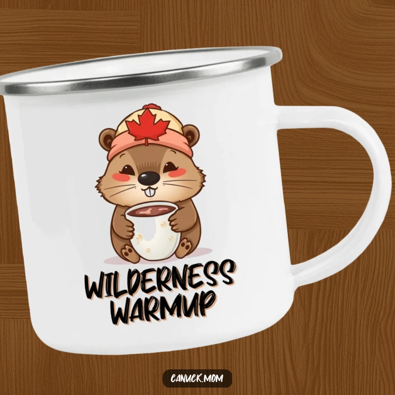 Funny Beaver Camping Mug: A beaver wearing a maple leaf toque sips hot chocolate in an outdoor setting.