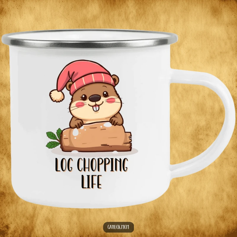 Funny beaver wearing a toque hat, chopping a festive log, perfect for outdoor drinks and holiday cheer.