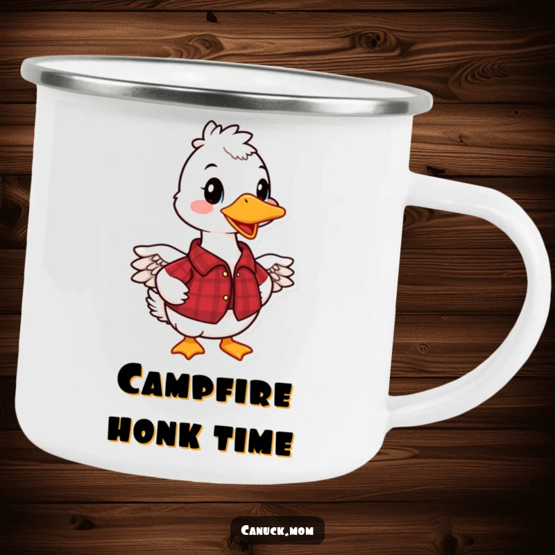 Funny Canadian Goose Camping Mug with a smiling goose in a red plaid shirt, perfect for outdoor adventures and a funny gift.