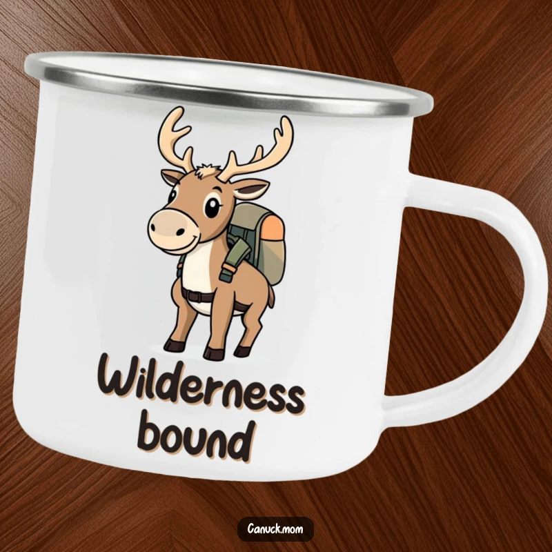 Funny determined caribou wearing a backpack on a durable camping mug for outdoor trips.