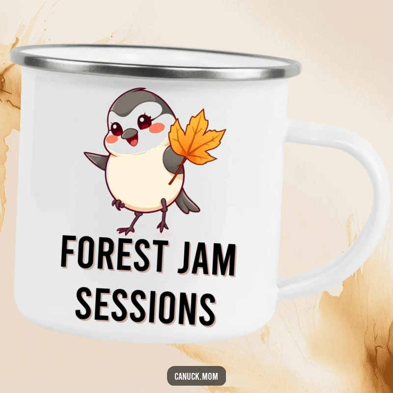 Funny chickadee tapping foot with a maple leaf on a sturdy camping mug for outdoor adventures.