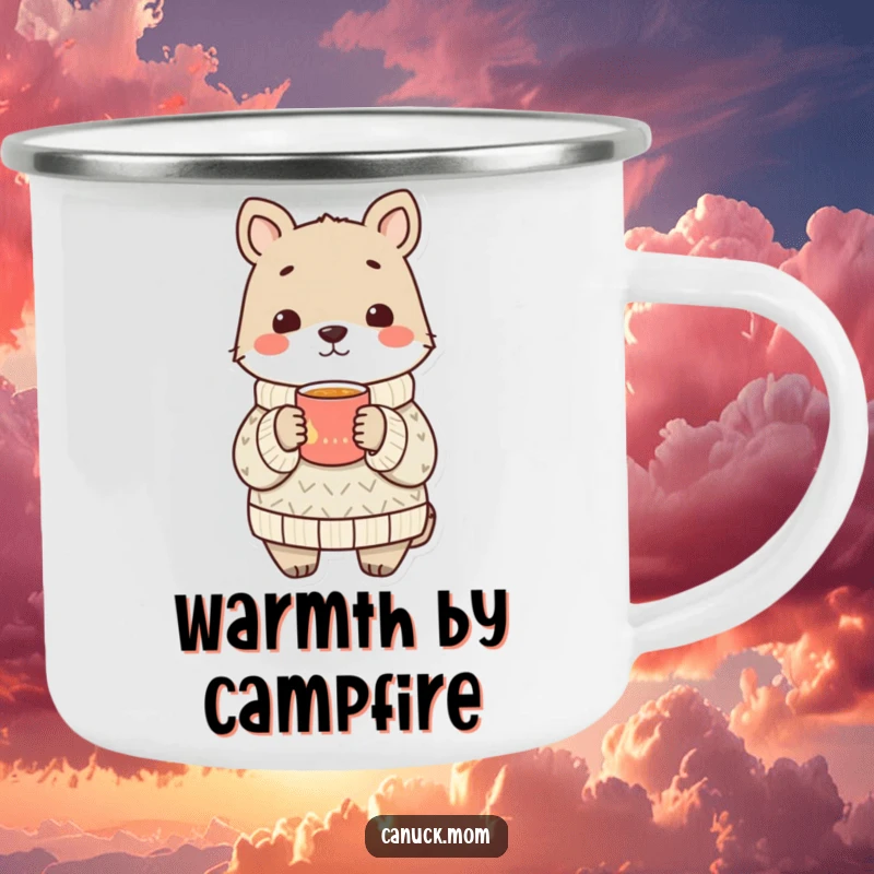 Funny animal wearing a cozy sweater shares a warm drink, a humorous and rugged camping mug.
