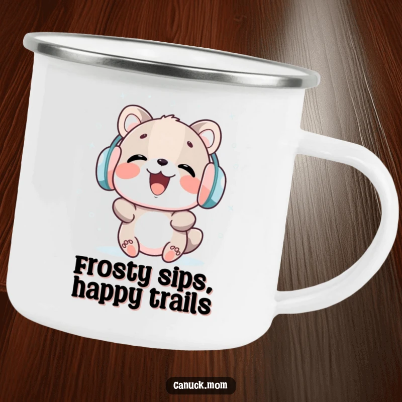 Funny camping mug with an earmuff animal laughing while catching snowflakes, for adventurous sipping.