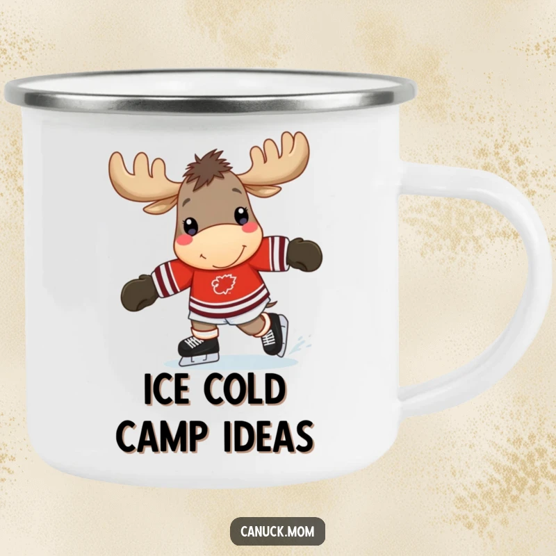 Funny moose camping mug featuring a cheerful moose in a hockey jersey, happily skating, perfect for outdoor use.