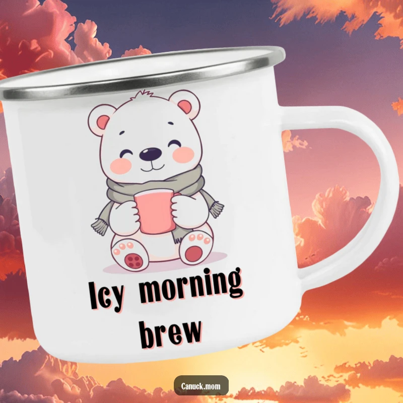 Funny Polar Bear Camping Mug: A sturdy mug with a smiling polar bear wearing a scarf, ready for outdoor enjoyment.