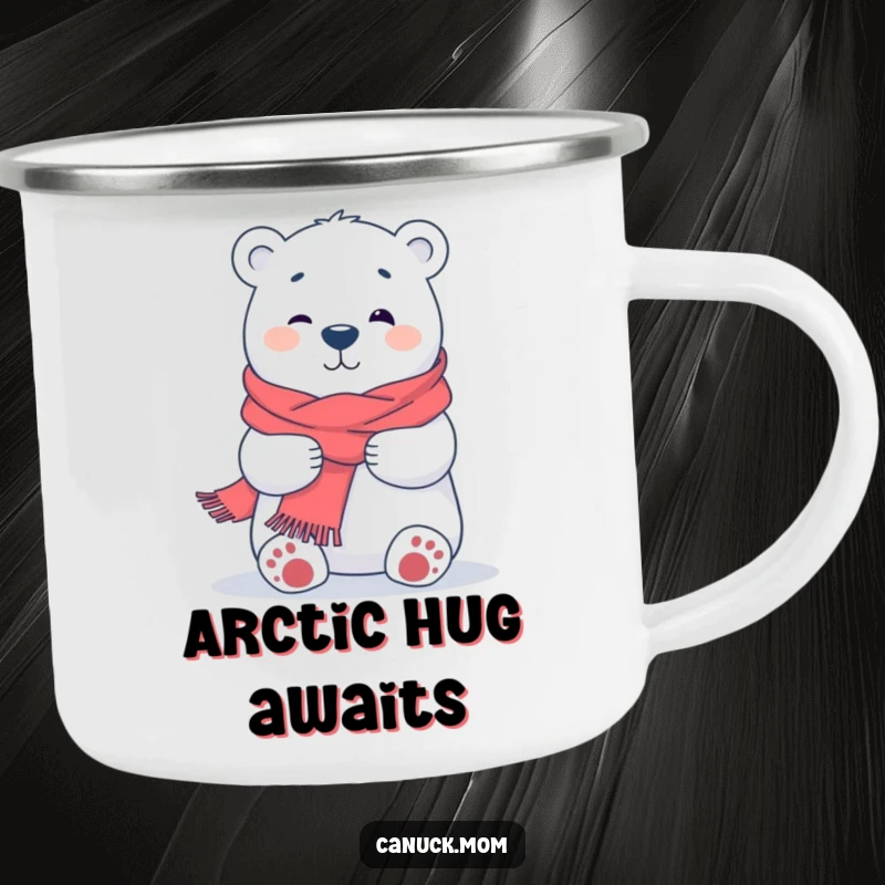 Funny Polar Bear Hug Camping Mug, a rugged mug featuring a cartoon polar bear in a scarf, offering a comforting hug, for outdoor use.