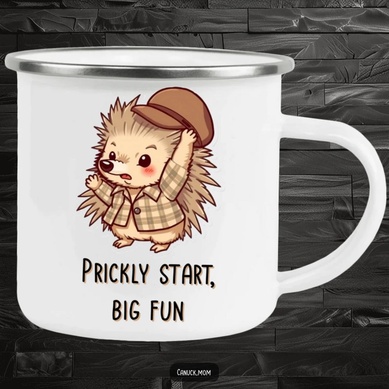 Funny porcupine in a plaid shirt playfully tossing a hat, durable camping mug.