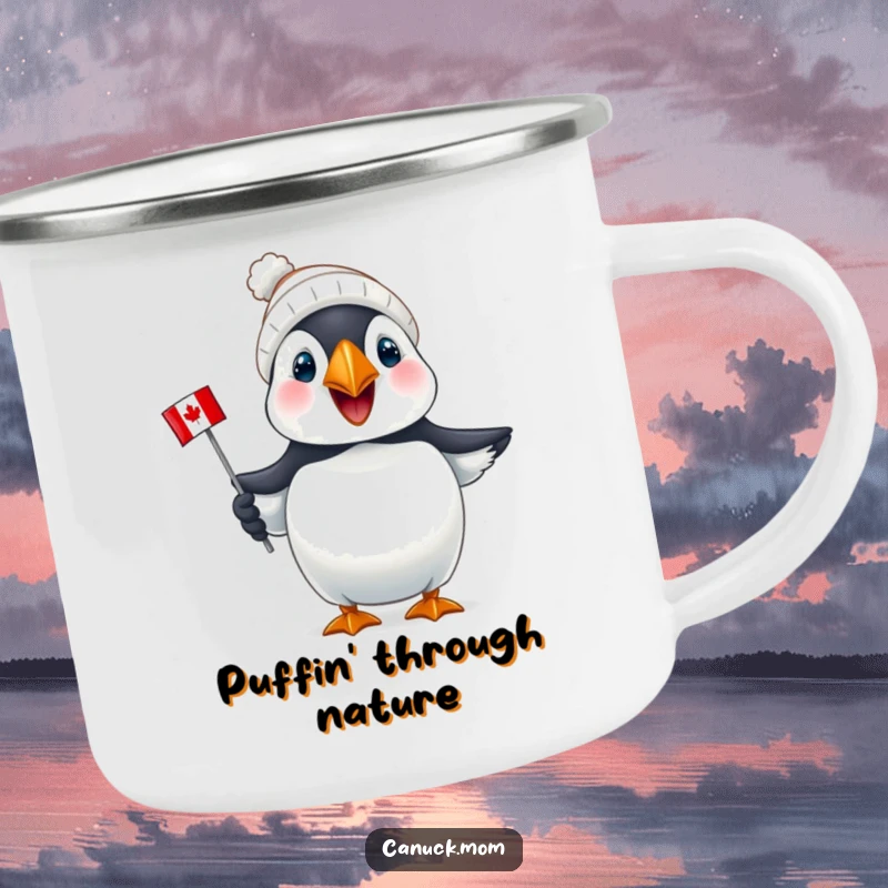 Funny Puffin Canada Camping Mug: A joyful puffin wearing a tiny toque holds a mini Canadian flag, ideal for outdoor use.