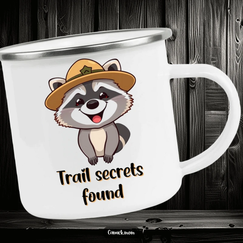 Funny camping mug with a grinning raccoon in a park ranger hat, looking curiously, ideal for outdoor exploration.