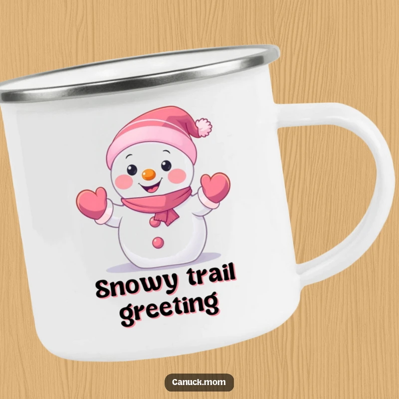 Funny Snowman Camping Mug with a happy, small snowman character wearing mittens and waving hello, perfect for outdoor enjoyment and a funny gift.