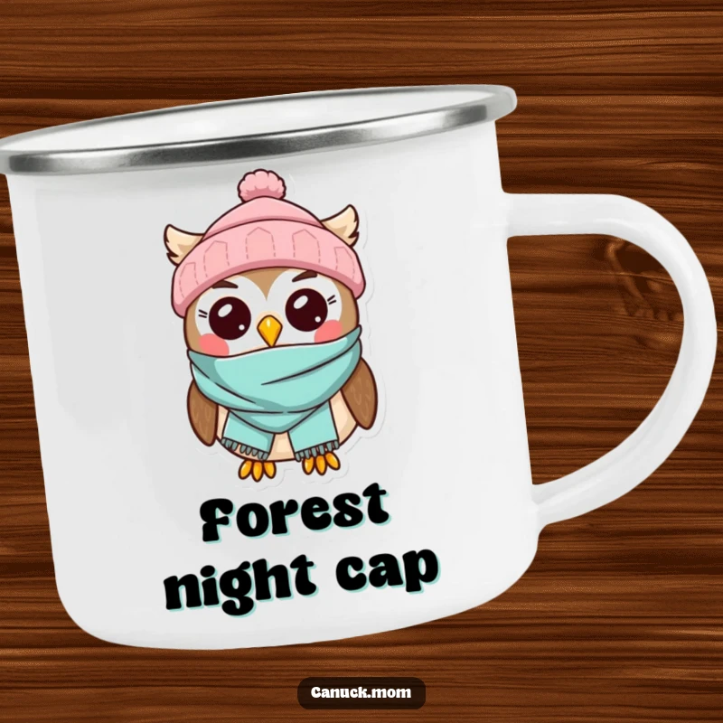 Kawaii Owl Camping Mug, wearing a toque and scarf, ready for cute and cozy outdoor adventures.