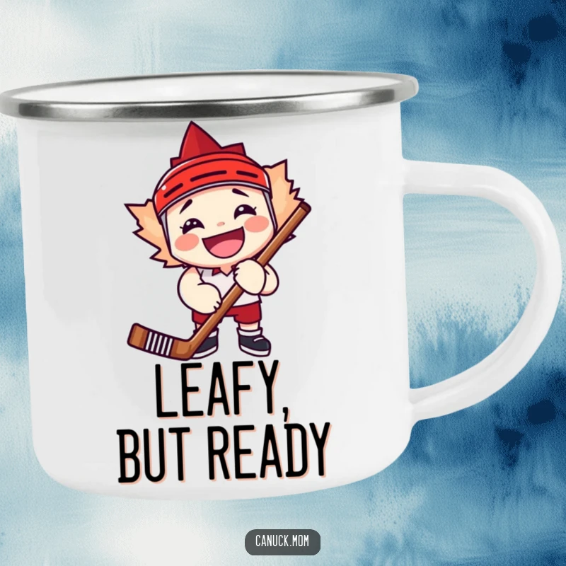 Funny maple leaf character grinning widely, embracing a hockey stick, designed for cozy outdoor game enjoyment.