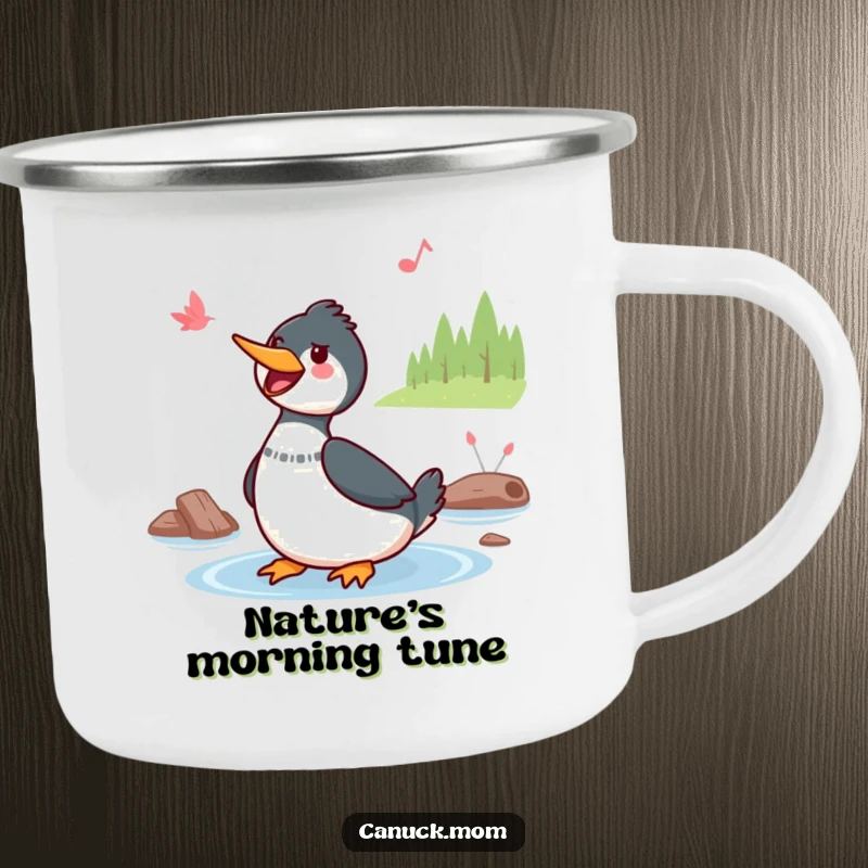 Funny Kawaii Loon Camping Mug: A cute Kawaii loon sings by a lake, bringing cheerful vibes to outdoor adventures.