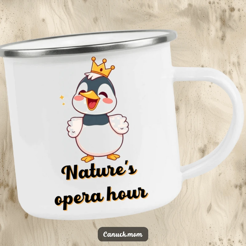 Funny Loon Camping Mug with a regal crown, singing joyfully in the wilderness, a humorous and durable choice.