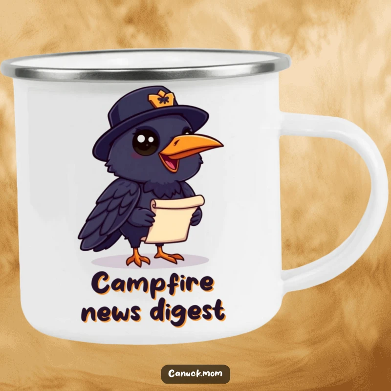 Funny Raven Mountie Camping Mug: A chatty raven in a Mountie hat holds a scroll, ideal for outdoor humor and tales.