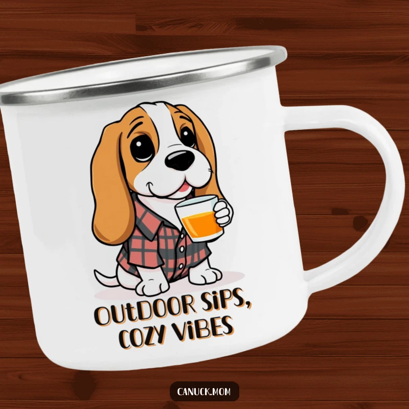 Funny Basset Hound Camping Mug: A rustic Basset Hound in a plaid shirt offers a warm cup of tea, ready for adventure.