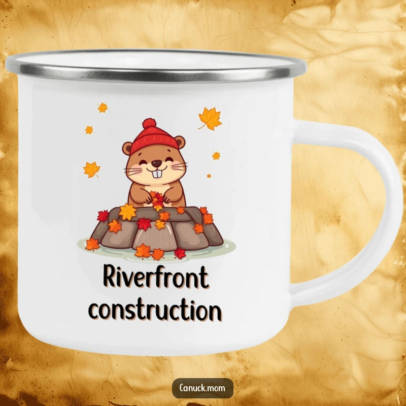 Funny beaver in a toque building a dam with maple leaves, on a durable camping mug.
