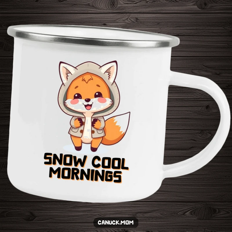 Funny Fox Parka Camping Mug: A smiling fox in a warm parka playfully chases snowflakes, perfect for outdoor enthusiasts.