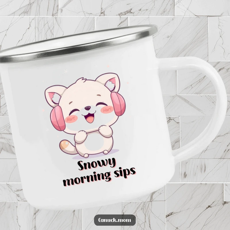 Funny camping mug with an animal character in earmuffs laughing while catching snowflakes. Humorous outdoor gift.