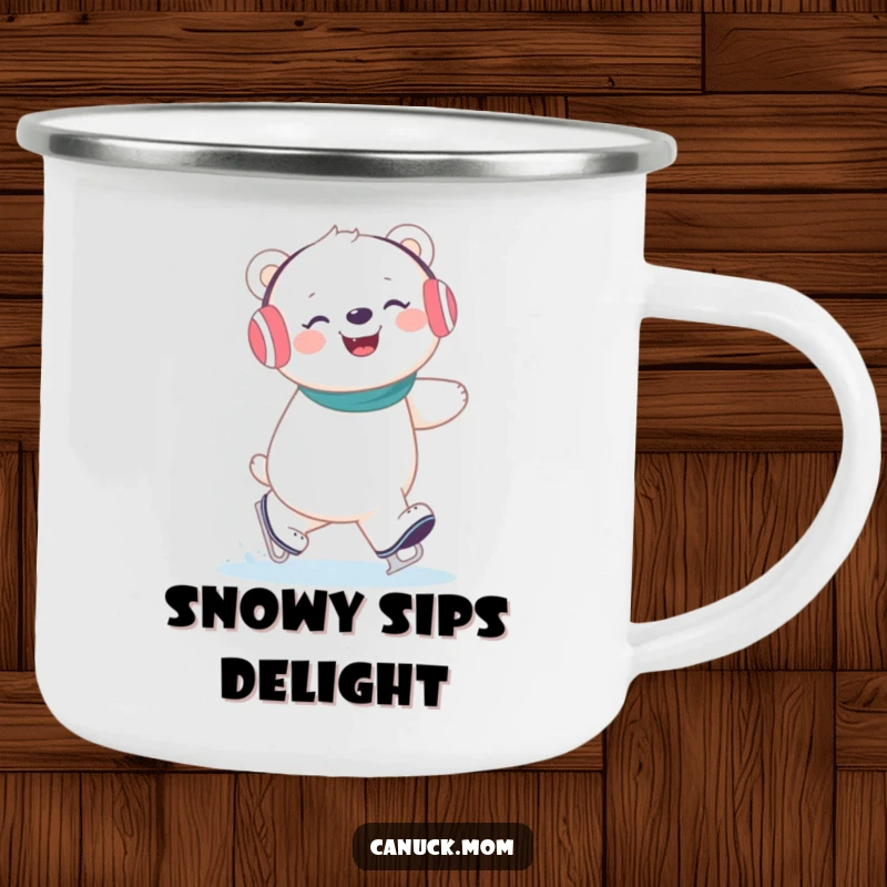 Funny polar bear wearing earmuffs giggling while ice skating, a durable and humorous camping mug.