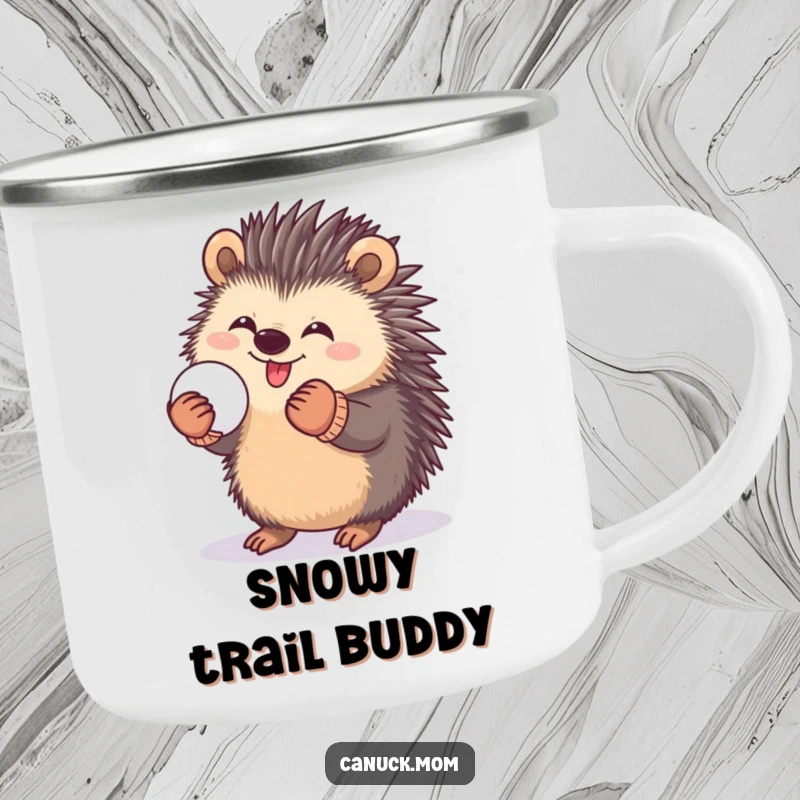 Funny camping mug with a happy porcupine in mittens, playfully holding a snowball, ideal for outdoor fun.