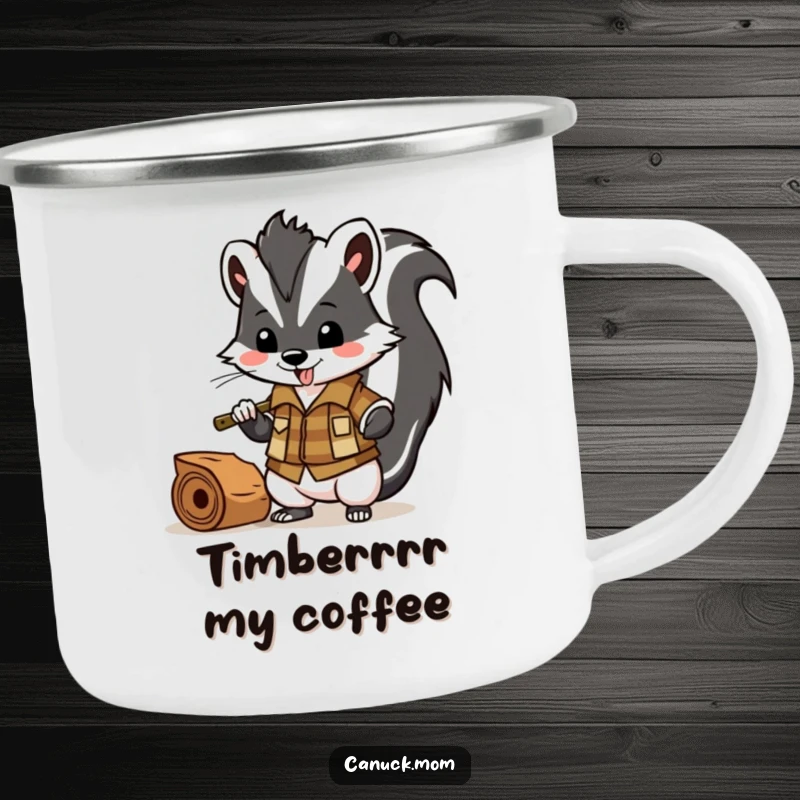 Funny skunk in lumberjack shirt chopping wood, durable camping mug for outdoor enthusiasts.