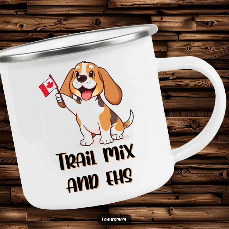 Funny Basset Hound camping mug enthusiastically waving a small Canadian flag, built for adventure and patriotic smiles. Durable and cheerful.