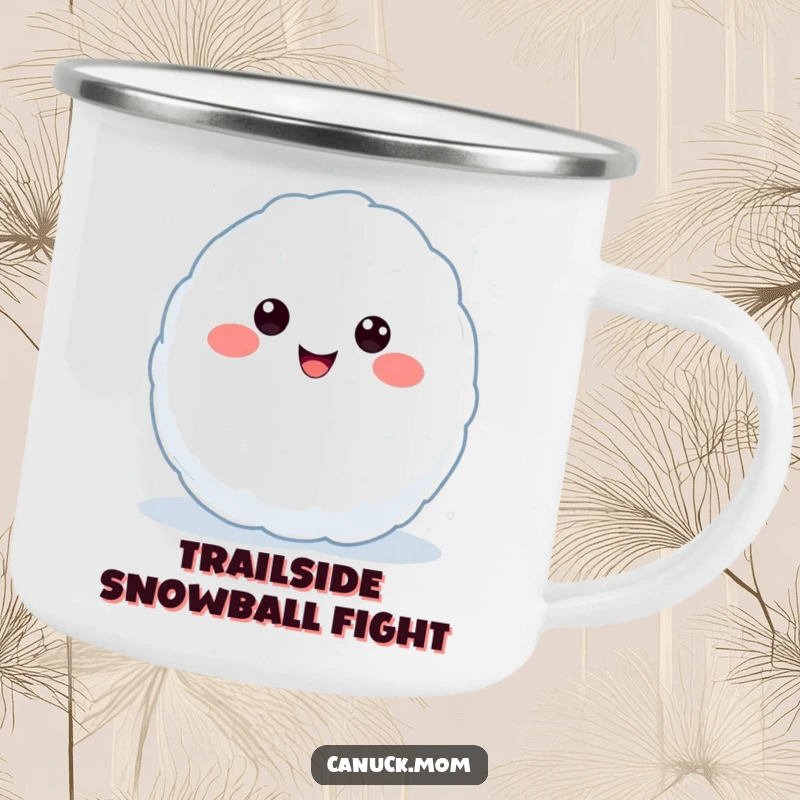 Funny Kawaii Snowball Camping Mug with a smiling snowball character, mid-throw, perfect for outdoor adventures and a funny gift.