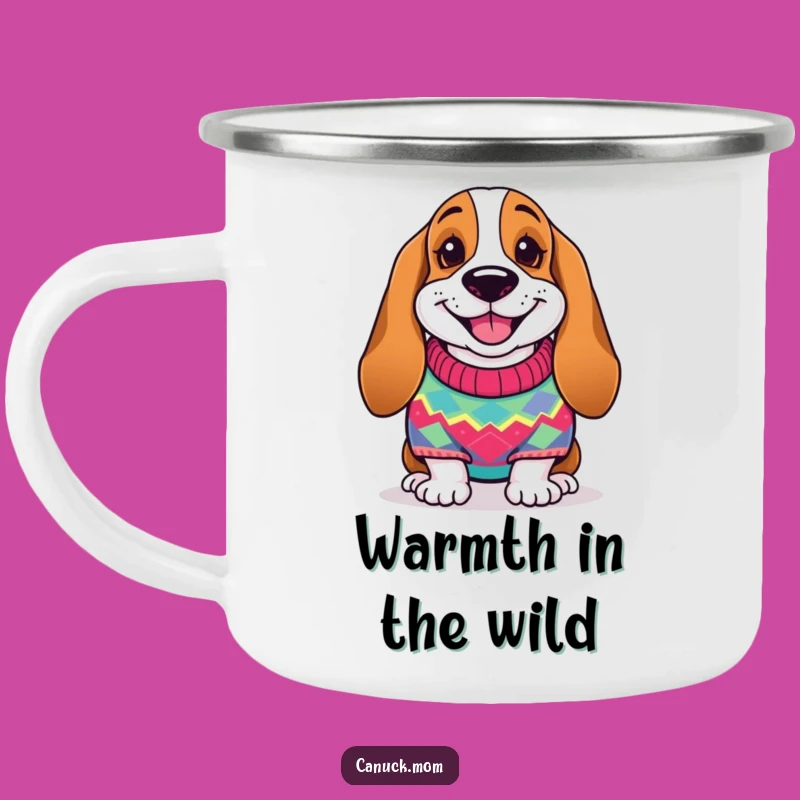Funny Basset Hound Sweater Camping Mug - Cozy Dog Smile, Outdoor Funny Gift