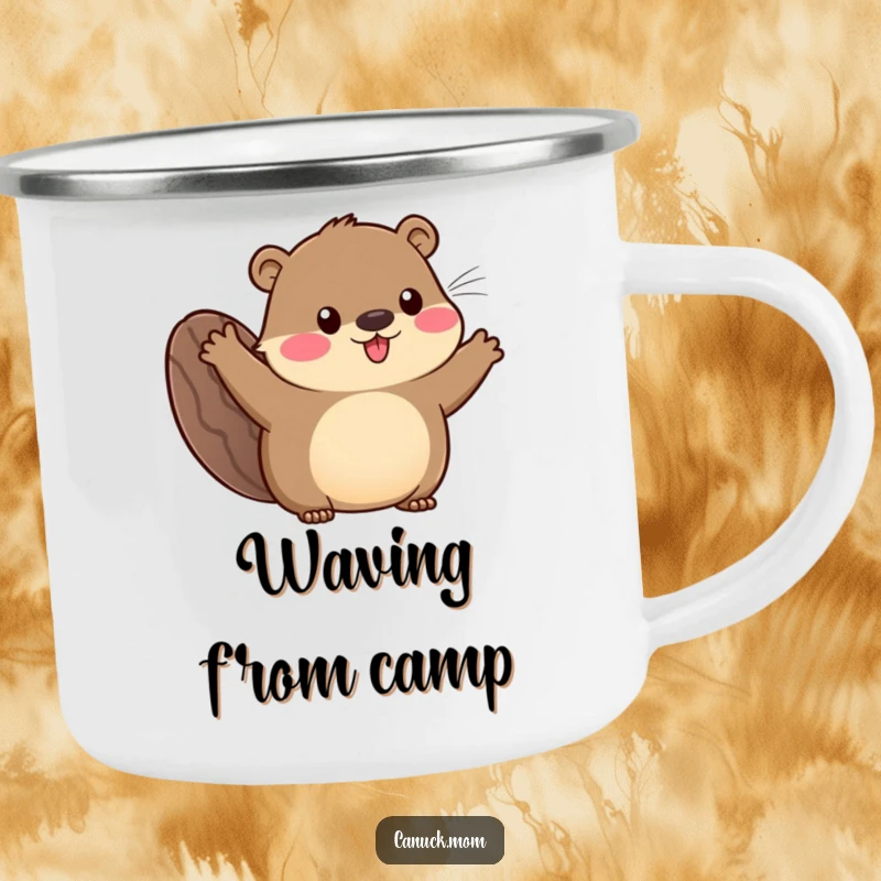 Funny camping mug with an animal sporting a beaver tail, waving enthusiastically, perfect for outdoor adventures and friendly greetings.