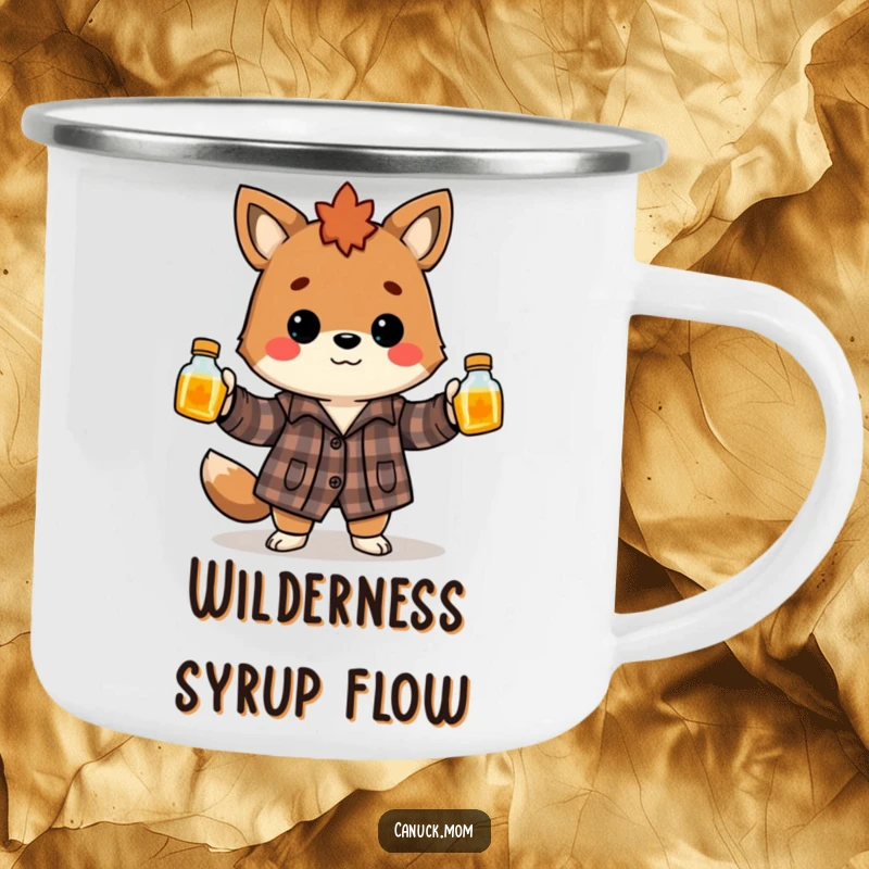 Funny Canadian animal in flannel shirt juggling maple syrup bottles, a durable and humorous camping mug.