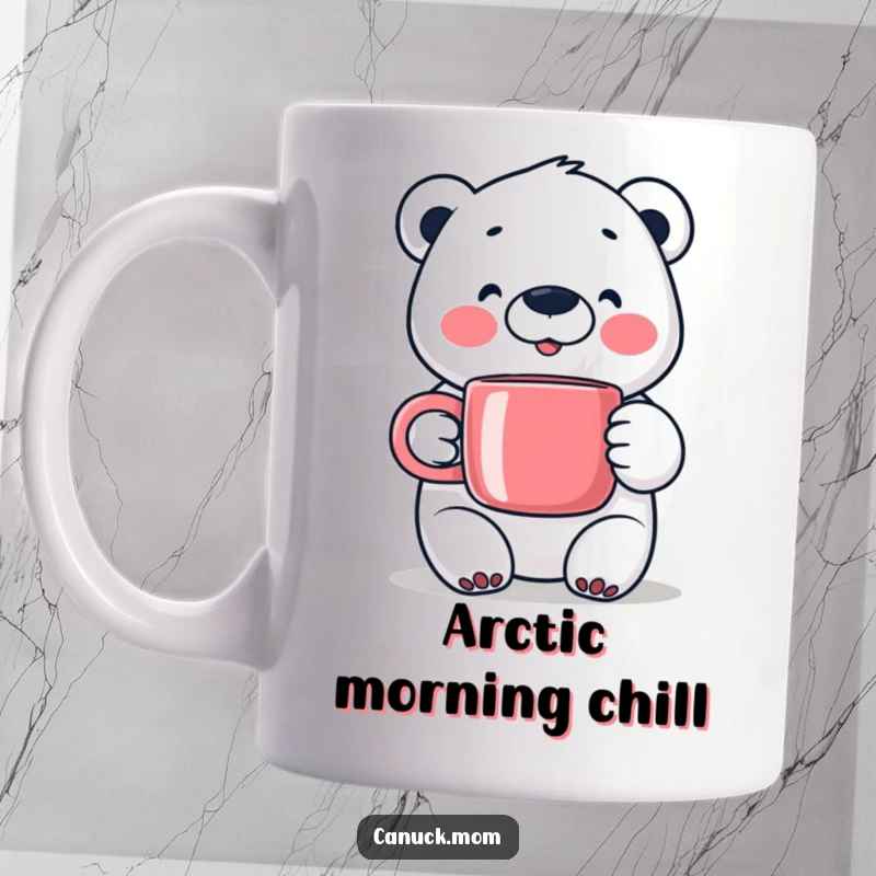 Happy Polar Bear Mug, holding a steaming mug, exuding warmth and cozy winter cheer.