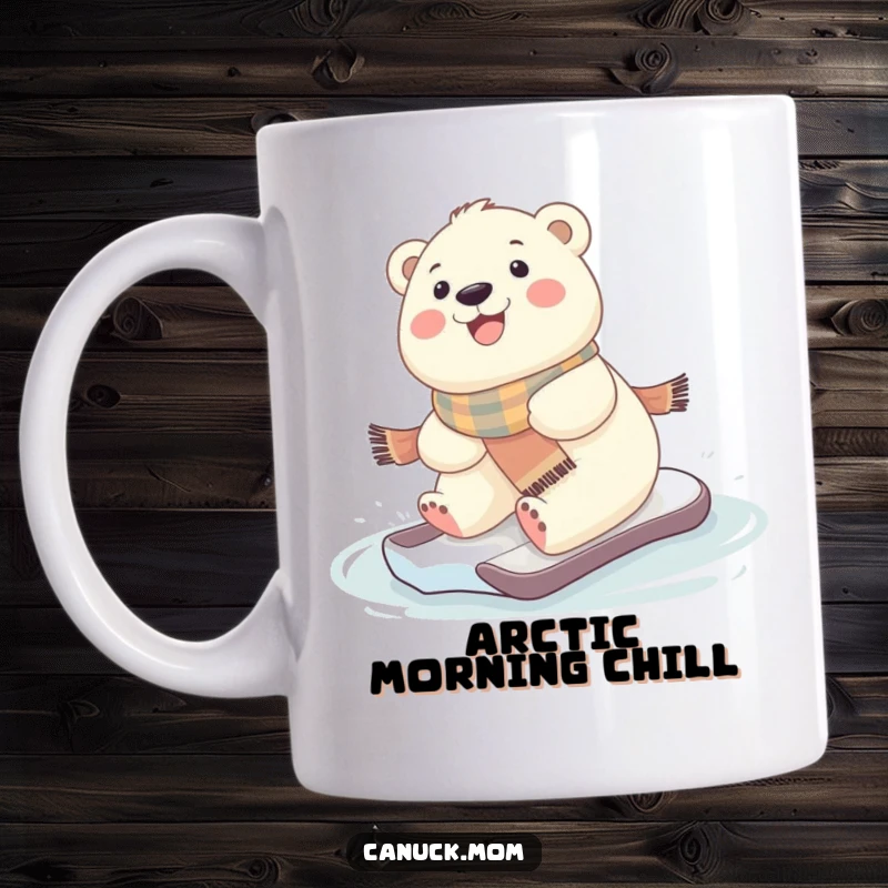 Funny kawaii baby polar bear in a scarf, gleefully sliding on ice, printed on a delightful mug.