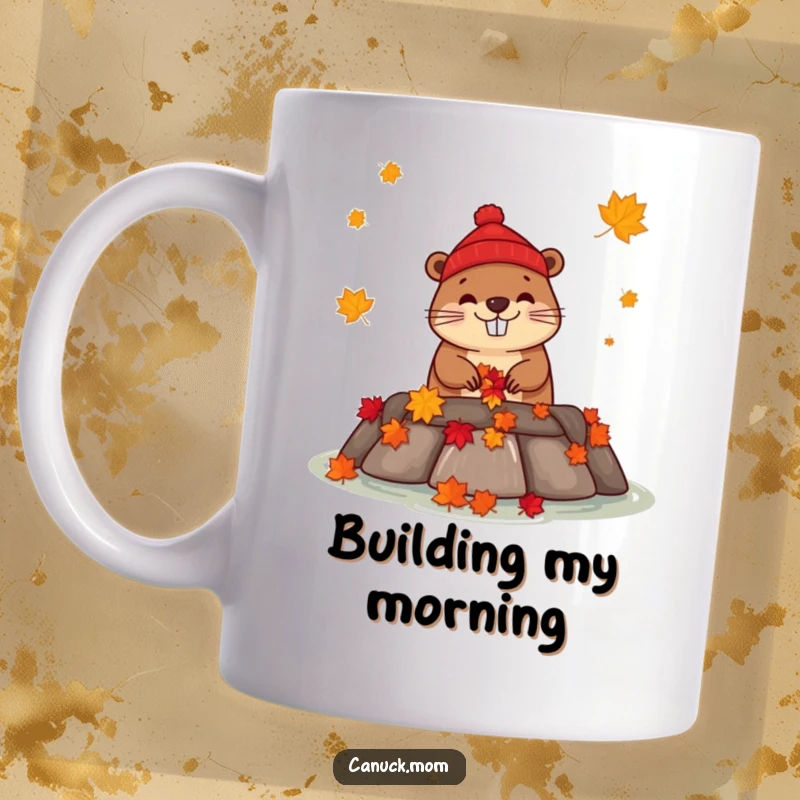 Funny happy beaver in a red toque building a dam with maple leaves on a humorous mug.