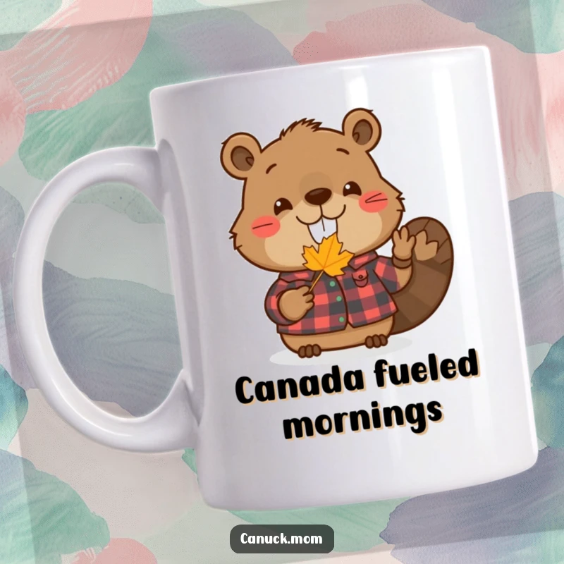 Funny beaver mug showing a smiling beaver wearing a red flannel shirt, holding a small maple leaf, embodying Canadian pride.