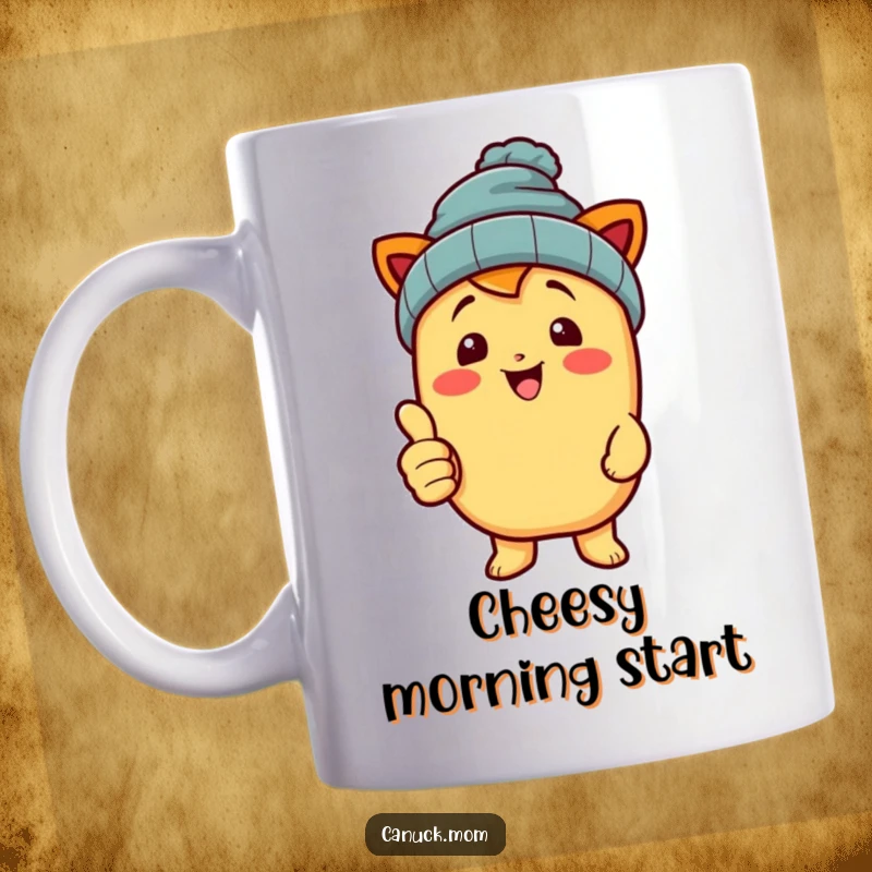 Funny poutine character in a beanie, giving a thumbs up, printed on a cheerful mug.