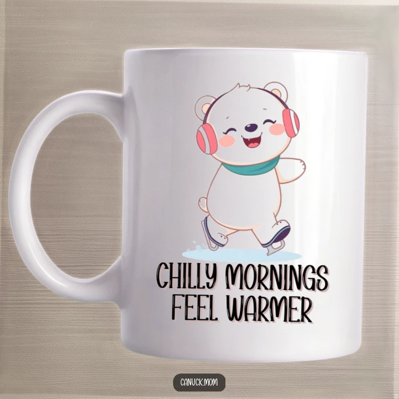 Funny polar bear wearing earmuffs giggling while ice skating gracefully on frozen ice, capturing pure joy and humor.