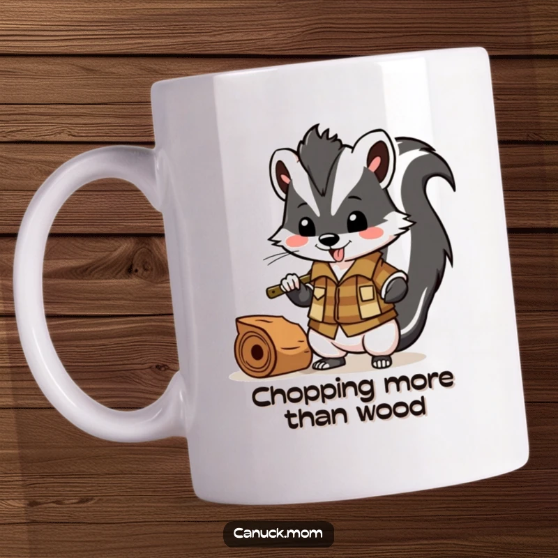 Funny skunk in a lumberjack shirt chopping wood with an axe, rugged and humorous mug design.