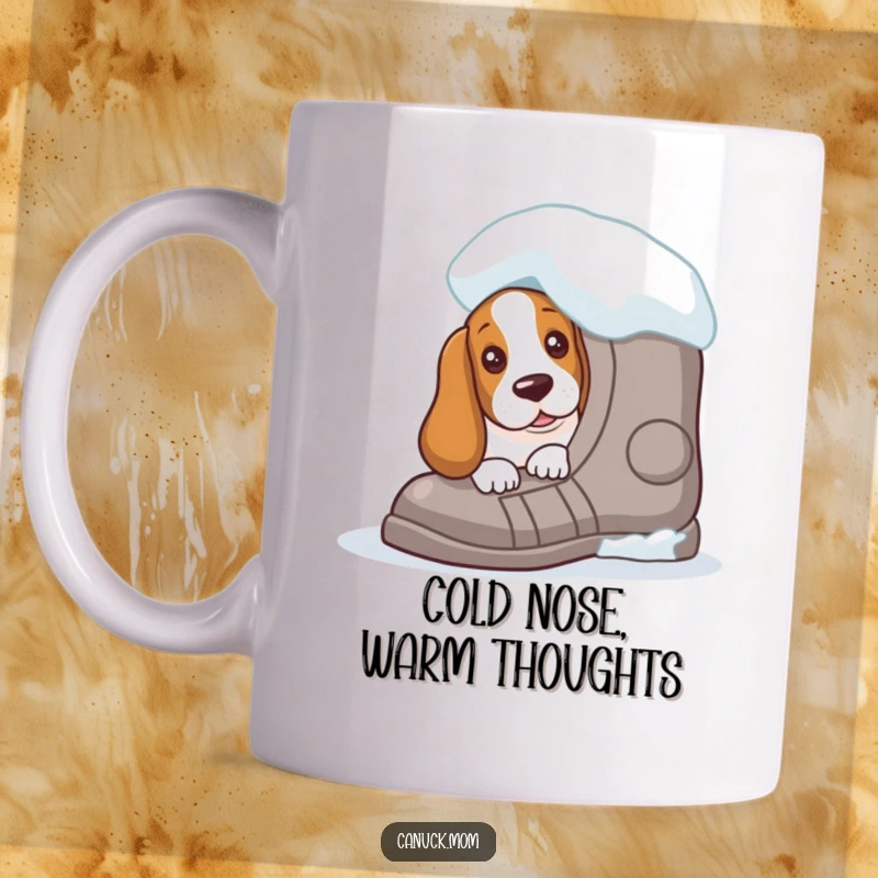 Funny Basset Hound mug showing peek-a-boo curiosity from behind a giant snowshoe, perfect for winter lovers and dog enthusiasts seeking a laugh.